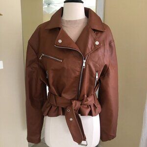 New Look Faux Leather Moto Biker Jacket XL Belt Asymmetrical Zip Pockets Grunge
